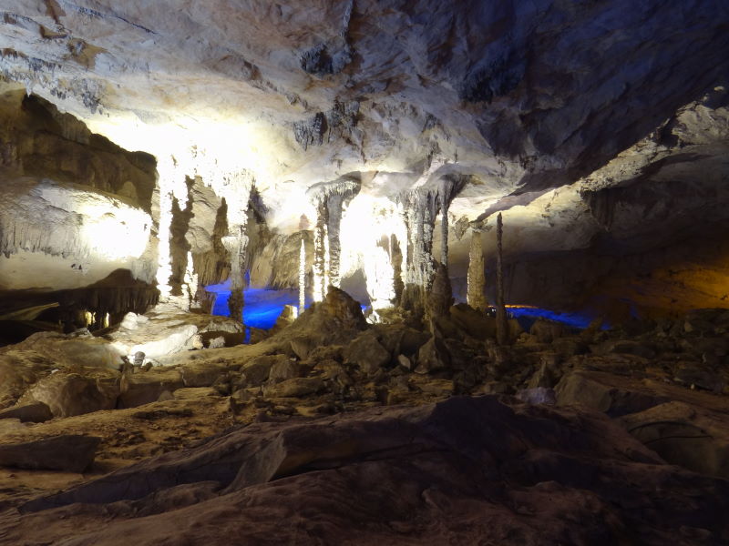 a 7km-long cave penetrating limestone mountains with a stream of the Hinboun River